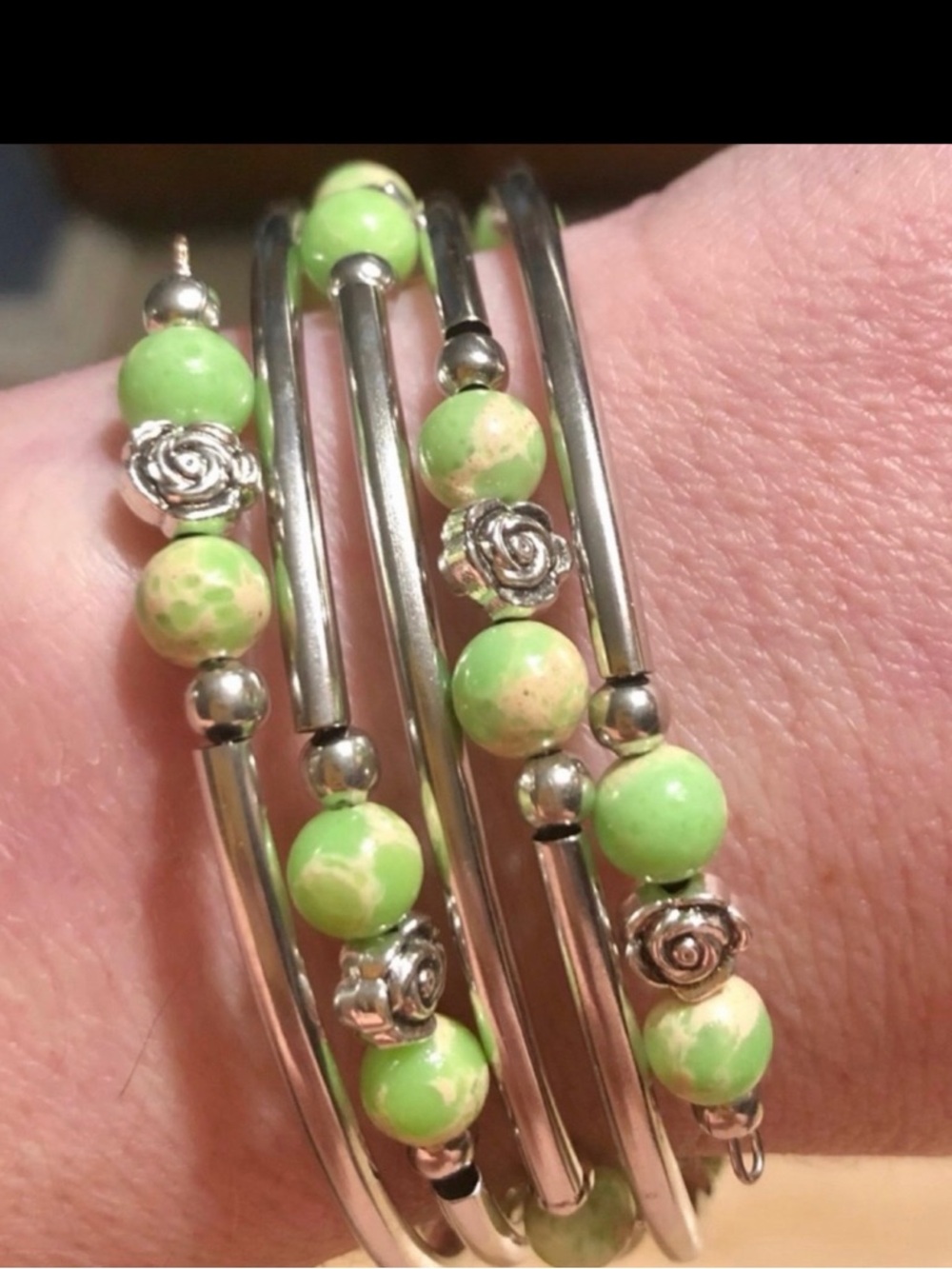 Silver Multi-Strand Bracelet with Lime Green Beads